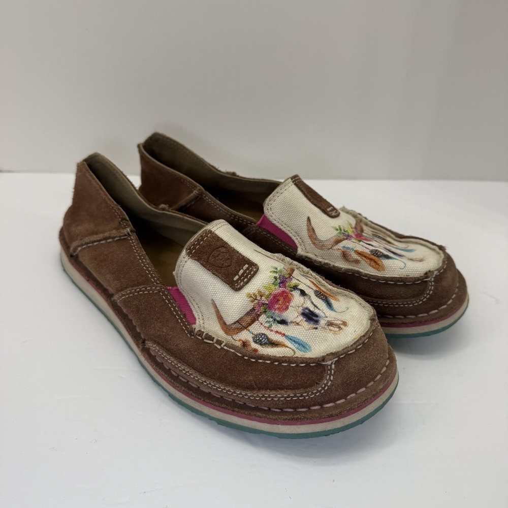 Ariat Cruisers Loafers Womens Size 9B Brown Floral Steer Design Suede Shoes